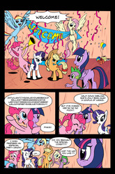 Size: 3274x4952 | Tagged: safe, artist:leon-z, applejack, fluttershy, pinkie pie, rainbow dash, rarity, spike, twilight sparkle, alicorn, pony, comic:returns endings & beginnings, g4, balloon, banner, cake, comic, food, golden oaks library, mane six, party cannon, present, twilight sparkle (alicorn)