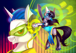 Size: 2718x1919 | Tagged: safe, artist:limreiart, dj pon-3, octavia melody, vinyl scratch, g4, crossover, duo, lucio, overwatch, symmetra