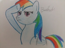 Size: 4128x3096 | Tagged: safe, artist:beatsubi, rainbow dash, g4, colored, drawing, female, military, rainbow, rainbow dash salutes, salute, scratches, scratching, solo, traditional art