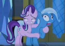 Size: 1098x786 | Tagged: safe, screencap, starlight glimmer, trixie, pony, unicorn, g4, to where and back again, cropped, derp, duo, faic, female, lidded eyes, mare, panic, scared
