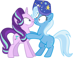 Size: 4000x3166 | Tagged: safe, artist:limedazzle, starlight glimmer, trixie, pony, unicorn, g4, to where and back again, bipedal, boop, cute, duo, female, hat, high res, lesbian, mare, noseboop, rearing, show accurate, simple background, transparent background, vector, wizard hat