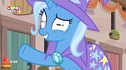 Size: 848x472 | Tagged: safe, screencap, trixie, pony, g4, to where and back again, female, great moments in animation, grin, hypnotoad, mare, smiling, solo, tiny pop, wat, wide eyes