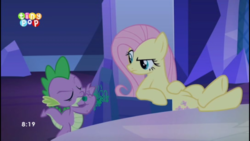 Size: 1600x900 | Tagged: safe, screencap, fluttershy, spike, changeling, g4, to where and back again, crossed hooves, crossed legs, cutie map, drawing, flutterbitch, hooves on the table, twilight's castle, vandalism