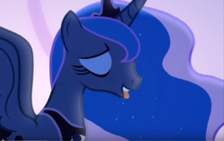 Size: 696x441 | Tagged: safe, screencap, princess luna, alicorn, pony, g4, my little pony: friendship is magic, to where and back again, eyes closed, female, mare, out of context, solo, tongue out, wingboner