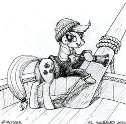 Size: 800x786 | Tagged: safe, artist:el-yeguero, applejack, earth pony, pony, g4, ppov, butt, captain jackbeard, clothes, female, mare, monochrome, plot, solo, traditional art