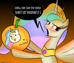 Size: 1400x1200 | Tagged: safe, artist:lennonblack, princess celestia, alicorn, pony, g4, don't call me sunbutt, female, food, halloween, implied princess luna, mare, nightmare night, offscreen character, patreon, patreon logo, pumpkin, solo, trolluna