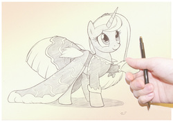 Size: 1073x758 | Tagged: safe, artist:sherwoodwhisper, oc, oc only, oc:eri, human, pony, unicorn, beautiful, bow, clothes, cute, dress, featured image, female, fourth wall, grayscale, hair bow, hnnng, holding hands, holding hooves, human on pony hoof holding, looking up, mare, monochrome, ocbetes, pencil, pencil drawing, perspective, photo, shadow, size difference, smiling, solo focus, sweet dreams fuel, traditional art