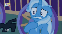 Size: 640x360 | Tagged: safe, screencap, thorax, trixie, pony, unicorn, g4, to where and back again, animated, caravan, ears back, female, gif, mare, scared, trixie's wagon, wagon