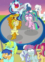 Size: 2562x3543 | Tagged: safe, artist:rainbowyoshi305, adagio dazzle, aria blaze, double diamond, flash sentry, night glider, sonata dusk, sour sweet, sugarcoat, sunny flare, whoa nelly, equestria girls, g4, crack shipping, cute, daaaaaaaaaaaw, double dawwmond, equestria girls ponified, flashnelly, high res, male, ponified, shipping, straight, the dazzlings, trampoline, whoa nellybetes
