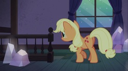 Size: 1100x618 | Tagged: safe, screencap, applejack, earth pony, pony, g4, hearthbreakers, butt, crystal, female, mare, plot, sneaking, solo