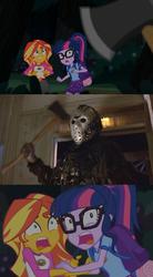 Size: 577x1048 | Tagged: safe, screencap, sci-twi, sunset shimmer, twilight sparkle, equestria girls, g4, my little pony equestria girls: legend of everfree, axe, exploitable meme, friday the 13th, horror, jason voorhees, meme, screencap comic, sunset screamer, weapon