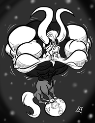 Size: 2550x3300 | Tagged: safe, artist:atmanryu, lord tirek, centaur, g4, high res, macro, male, monochrome, muscles, overdeveloped muscles, planet, solo