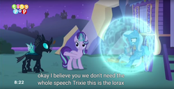 Size: 1900x975 | Tagged: safe, screencap, starlight glimmer, thorax, trixie, pony, unicorn, g4, to where and back again, female, mare, meme, the lorax, youtube caption