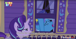 Size: 1900x975 | Tagged: safe, screencap, starlight glimmer, trixie, pony, g4, to where and back again, google, meme, youtube caption