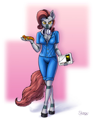 Size: 2006x2569 | Tagged: safe, artist:skorpionletun, oc, oc only, zebra, anthro, unguligrade anthro, food, headphones, high res, pizza, solo, tablet