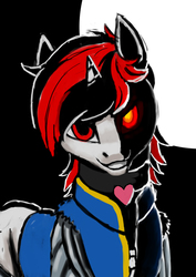 Size: 500x707 | Tagged: safe, artist:wwredgrave, oc, oc only, oc:blackjack, pony, unicorn, fallout equestria, clothes, fanfic, fanfic art, female, heart, horn, jumpsuit, mare, solo, vault suit