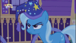 Size: 500x281 | Tagged: safe, screencap, starlight glimmer, trixie, pony, g4, to where and back again, animated, female, gif, hat, nightcap, subtitles, trixie's nightcap