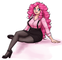 Size: 1280x1236 | Tagged: safe, artist:king-kakapo, pinkie pie, human, g4, blushing, breasts, busty pinkie pie, clothes, female, high heels, humanized, mary janes, multiple variants, pantyhose, plump, shirt, skirt, solo, suspenders