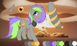 Size: 1600x961 | Tagged: safe, artist:mikoneerd, oc, oc only, oc:frenzy nuke, pony, unicorn, blushing, clothes, collar, color palette, explosion, looking at you, socks, template