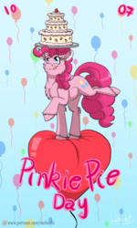 Size: 900x1496 | Tagged: safe, artist:inuhoshi-to-darkpen, pinkie pie, earth pony, pony, g4, balancing, balloon, cake, dessert, female, heart, raised hoof, solo, tray