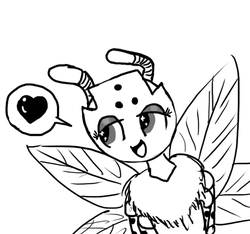 Size: 640x600 | Tagged: safe, artist:ficficponyfic, oc, oc only, insect, pony, wasp, colt quest, bipedal, blushing, cute, cyoa, hand, happy, heart, lidded eyes, monochrome, smiling, solo, starry eyes, story included, sun, wingding eyes, wings