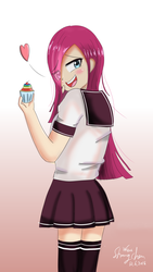 Size: 1440x2560 | Tagged: safe, artist:linlaifeng, pinkie pie, human, g4, blushing, clothes, cupcake, female, food, heart, humanized, pinkamena diane pie, rainbow cupcake, school uniform, skirt, socks, solo, thigh highs, yandere pie, zettai ryouiki