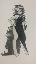 Size: 600x1067 | Tagged: safe, artist:sunnyponycitrusbutt, oc, oc only, oc:flicker show, anthro, anthro oc, breasts, clothes, dress, female, long mane, pentagram, rule 63, sexy, solo, traditional art