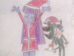 Size: 1024x768 | Tagged: safe, artist:brandonale, twilight sparkle, equestria girls, g4, candy, candy cane, crossover, food, hat, male, santa hat, shadow the hedgehog, sonic the hedgehog, sonic the hedgehog (series), traditional art, twilight sparkle (alicorn)