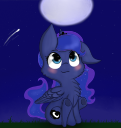 Size: 993x1048 | Tagged: safe, artist:springveil, princess luna, g4, blushing, cheek fluff, chest fluff, cute, female, filly, grass, looking up, lunabetes, moon, night sky, shooting star, sitting, smiling, solo, underhoof, woona, younger