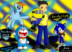 Size: 1800x1300 | Tagged: safe, artist:jocelynminions, rainbow dash, human, g4, crossover, despicable me, doraemon, male, minion, self insert, sonic boom, sonic the hedgehog, sonic the hedgehog (series)