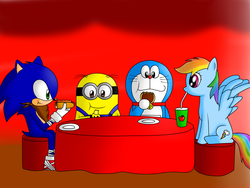 Size: 1600x1200 | Tagged: safe, artist:jocelynminions, rainbow dash, g4, crossover, despicable me, doraemon, male, minion, sonic boom, sonic the hedgehog, sonic the hedgehog (series)