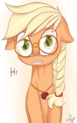 Size: 1250x2000 | Tagged: safe, artist:jonathan the awesome, derpibooru exclusive, applejack, earth pony, pony, g4, braces, braid, colored pupils, cute, female, floppy ears, glasses, hi, jewelry, looking at you, mare, necklace, nerd, signature, simple background, solo, younger