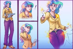 Size: 900x606 | Tagged: safe, artist:veggietoss, part of a set, princess celestia, principal celestia, human, equestria girls, g4, female, gradient background, hooves, human to pony, magic, ponified humanized pony, solo, transformation, transformation sequence