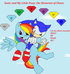 Size: 1996x2116 | Tagged: safe, artist:tj0001, rainbow dash, pony, g4, chaos emerald, crossover, elements of harmony, fanfic art, fanfic cover, male, sonic the hedgehog, sonic the hedgehog (series)
