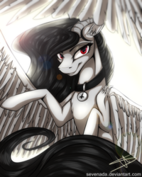 Size: 2000x2500 | Tagged: source needed, safe, artist:sevenada, oc, oc only, oc:lanteria, pegasus, pony, art trade, collar, high res, horns, looking at you, smiling, solo, spread wings