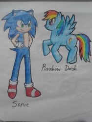 Size: 1944x2592 | Tagged: safe, artist:silverjaqui, rainbow dash, g4, crossover, male, sonic the hedgehog, sonic the hedgehog (series), traditional art