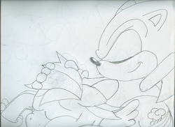 Size: 2340x1700 | Tagged: safe, artist:superdupertails, rainbow dash, g4, crossover, male, monochrome, sonic the hedgehog, sonic the hedgehog (series), traditional art