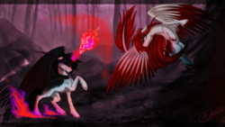 Size: 2048x1152 | Tagged: source needed, safe, artist:sevenada, oc, oc only, alicorn, pegasus, pony, alicorn oc, dark, fight, flying, forest, long mane, magic, raised hoof, serious face, spread wings, wallpaper