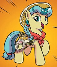 Size: 186x217 | Tagged: safe, artist:tony fleecs, idw, official comic, calamity mane, earth pony, pony, friends forever #33, g4, my little pony: friends forever, spoiler:comic, braid, cropped, female, mare, orange background, simple background, solo