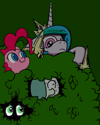 Size: 640x800 | Tagged: safe, artist:ficficponyfic, artist:lovelyneckbeard, artist:valcron, color edit, edit, edited edit, pinkie pie, princess celestia, oc, oc:emerald jewel, colt quest, g4, bush, color, colored, colt, frown, hiding, male, nervous, night, searching, self ponidox, sweat