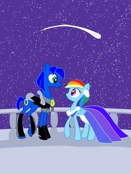 Size: 1125x1500 | Tagged: safe, artist:deldiz, rainbow dash, g4, balcony, clothes, crossover, interspecies, male, night, ponified, shipping, sonic the hedgehog, sonic the hedgehog (series), sonicdash, stars, straight