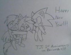 Size: 544x427 | Tagged: safe, artist:tj0001, rainbow dash, human, g4, chibi, crossover, male, monochrome, self insert, sonic the hedgehog, sonic the hedgehog (series), specific name, traditional art