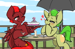 Size: 2000x1317 | Tagged: safe, artist:bbsartboutique, oc, oc only, oc:golden heart, oc:storm flare, alcohol, cake, food, martini