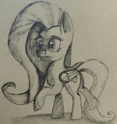 Size: 1211x1280 | Tagged: safe, artist:itsthinking, fluttershy, g4, female, monochrome, pen drawing, raised hoof, solo, traditional art