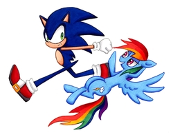 Size: 1777x1417 | Tagged: safe, artist:thecheeseburger, rainbow dash, g4, crossover, male, sonic the hedgehog, sonic the hedgehog (series), traditional art