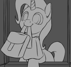 Size: 1142x1080 | Tagged: safe, artist:vistamage, trixie, pony, unicorn, g4, to where and back again, female, grayscale, mare, monochrome, nom, scene interpretation, solo, to saddlebags and back again