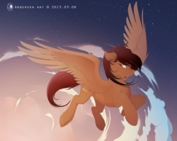 Size: 2889x2300 | Tagged: source needed, safe, artist:antiander, oc, oc only, pegasus, pony, flying, high res, open mouth, sky, solo, spread wings
