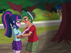 Size: 2393x1782 | Tagged: safe, artist:sumin6301, flash sentry, sci-twi, timber spruce, twilight sparkle, equestria girls, g4, my little pony equestria girls: legend of everfree, blushing, clothes, glasses, heartbreak, hiding, male, open mouth, peeking, sad, shipping, shorts, straight, this will end in tears, timbertwi, tree