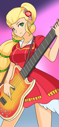 Size: 890x1920 | Tagged: safe, artist:jonfawkes, applejack, equestria girls, g4, my little pony equestria girls: legend of everfree, 45 minute art challenge, bass guitar, clothes, crystal gala, dress, female, guitar, musical instrument, smiling, solo