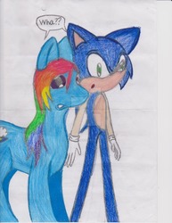 Size: 900x1163 | Tagged: safe, artist:awesomestarz, rainbow dash, g4, crossover, male, sonic the hedgehog, sonic the hedgehog (series), traditional art